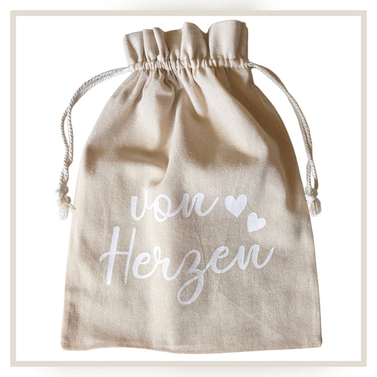 Geschenkbeutel, Leinen, "von Herzen", 40x30cm