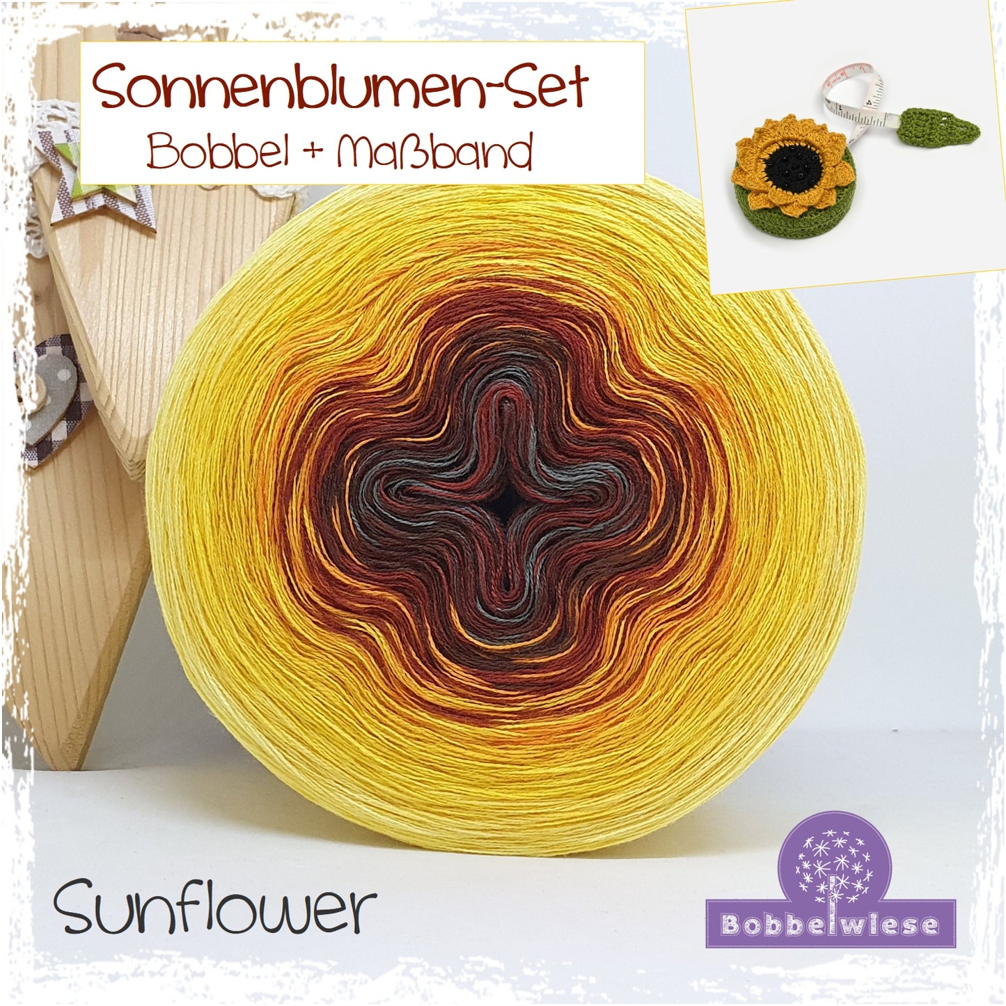 Set: Bobbel "Sunflower", 4fädig, 1200mLL + Maßband "Happy Flower" Sonnenblume