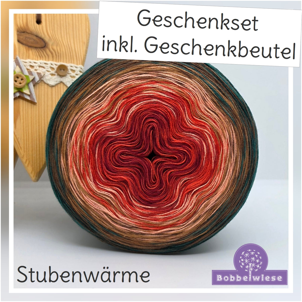 Geschenkset Bobbel "Stubenwärme" 4fädig, 1000mLL, inkl. Geschenkbeutel Samt "grün"