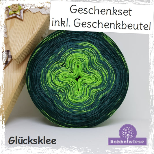 Geschenkset Bobbel "Glücksklee" 4fädig, inkl. Geschenkbeutel Samt "grün"