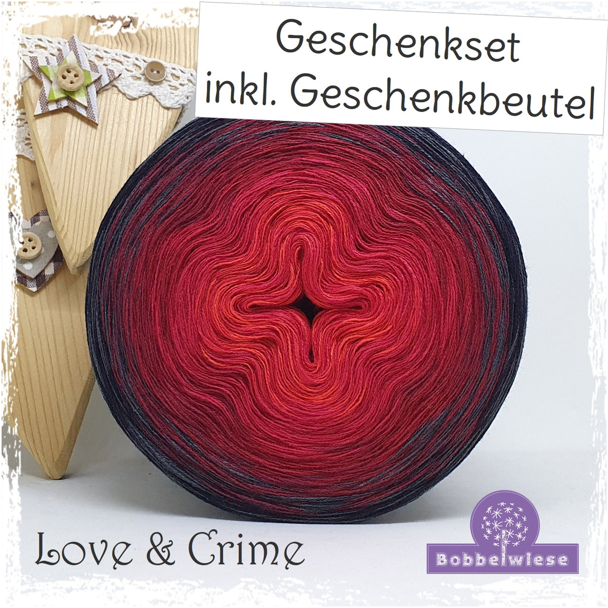 Geschenkset Bobbel "Love & Crime" 4fädig, inkl. Geschenkbeutel Samt "bordeaux"