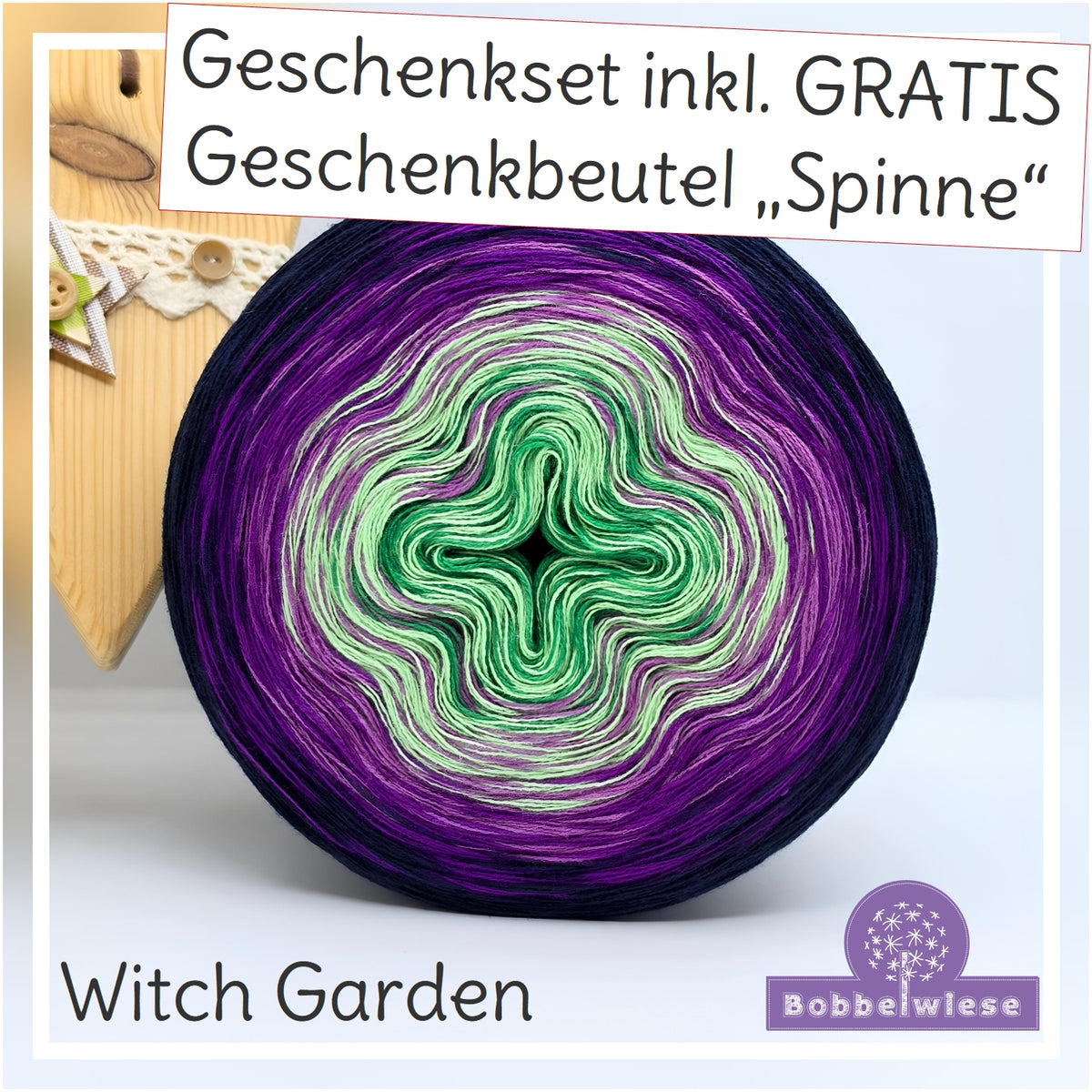 AKTION Geschenkset Bobbel "Witch Garden" 4fädig, inkl. Geschenkbeutel "Spinne"