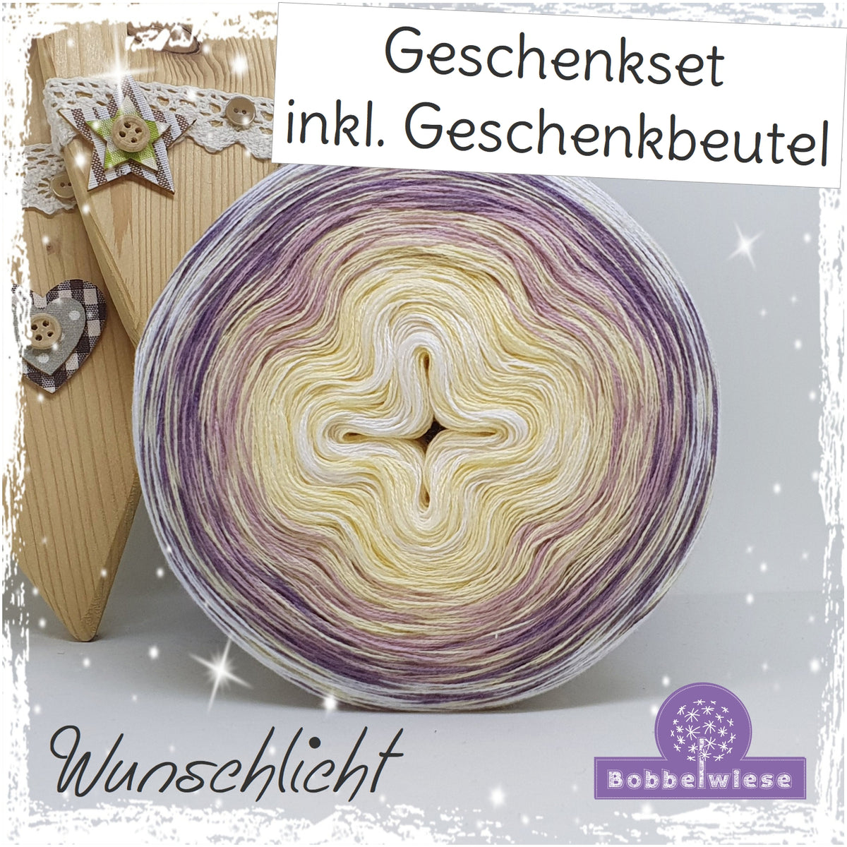 Geschenkset Bobbel "Wunschlicht" 4fädig, inkl. Geschenkbeutel "von Herzen"